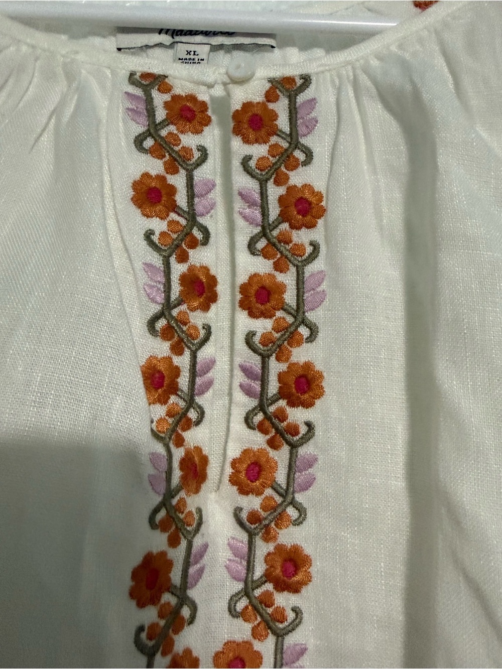 Madewell Embroidered Boho Shift Dress XL White Floral Short Sleeve Ruffle Hem - Picture 4 of 6